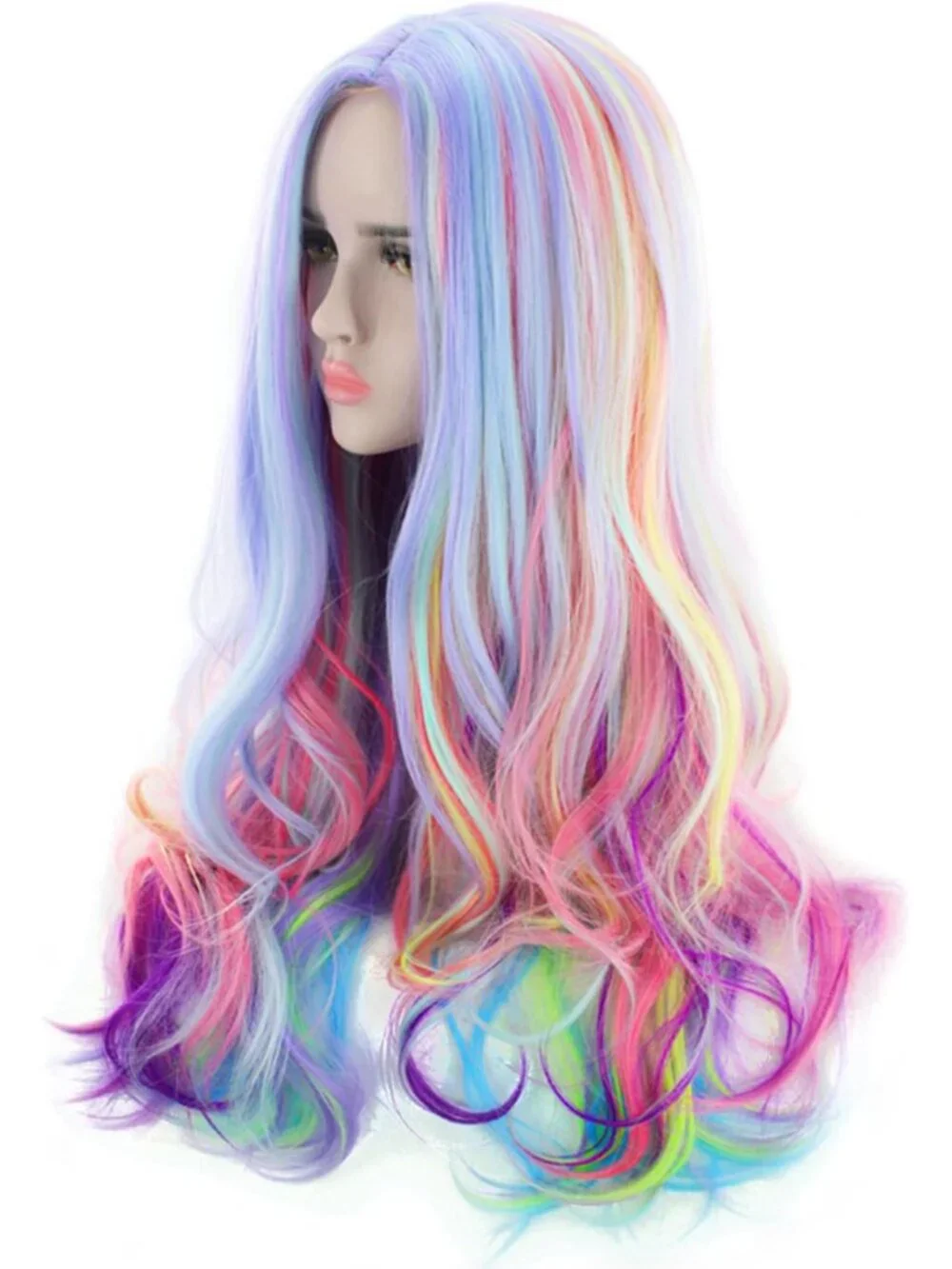 Vibrant Long Curly Wavy Rainbow Hair Wig - 27.56 Inch Colorful Costume Accessory